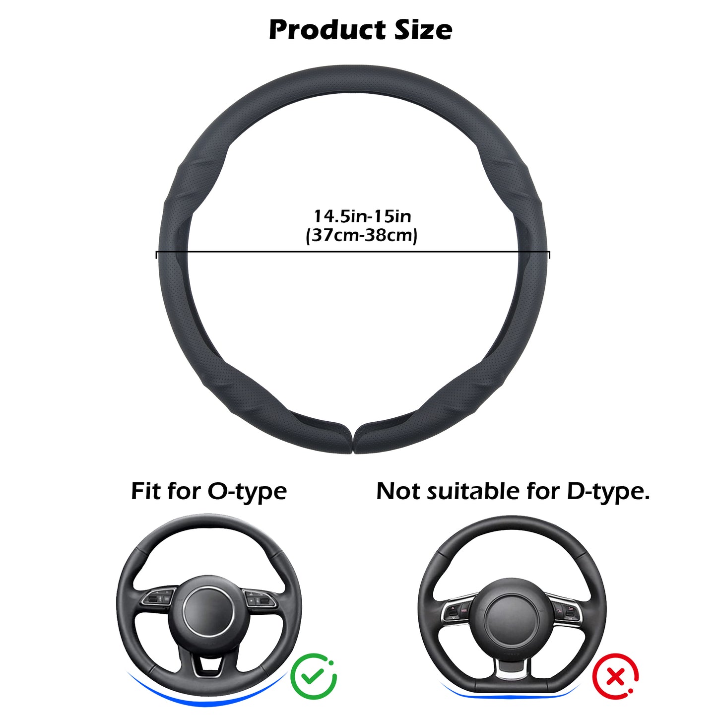 Leather Steering Wheel Cover – 14.5-15 in Universal Black, Perforated Breathable Grip, Anti-Slip Sport Ridge Pattern, Odor-Free Car Interior Upgrade for Cars Trucks SUVs