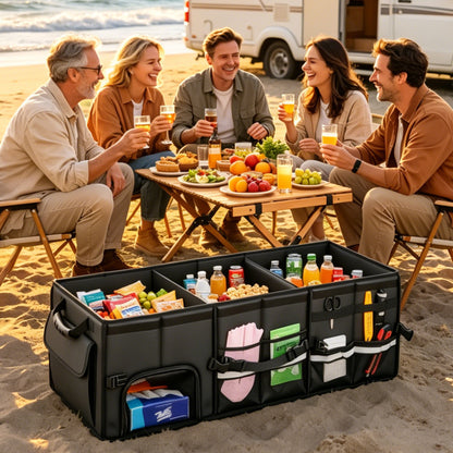 Trunk Organizer Car Organizer Leather Storage Box 3-grid Foldable | For SUVs & Pickup Truck Sedans Sturdy Organization for Car Accessories, Tools Sundries Collapsible and Adjustable 35.5 Inch
