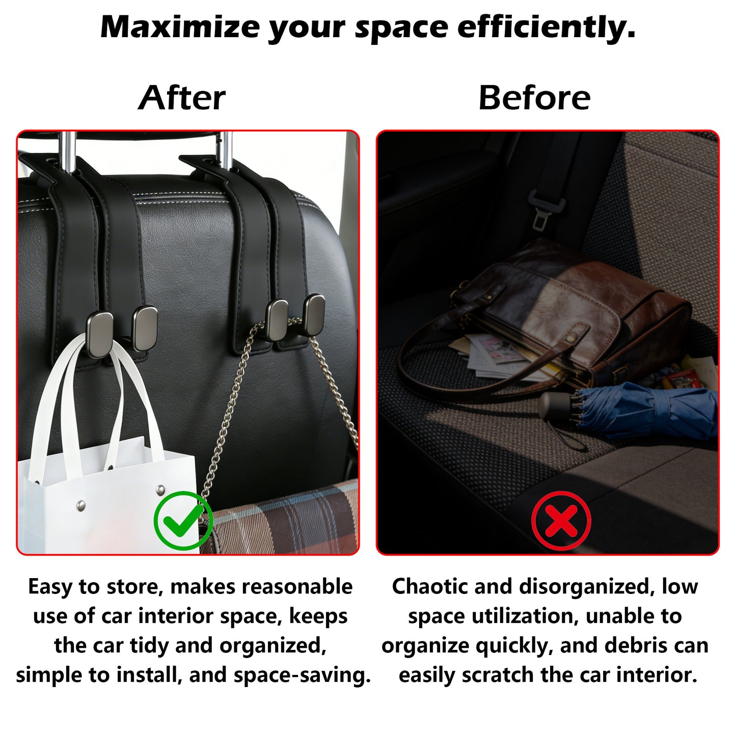 Purse Hook for Car -Universal Premium materials silicone and Aluminum-Magnesium Alloy Double Car Seat Back Storage Hook for Purses, Handbags, Bags (2 Pack) Black