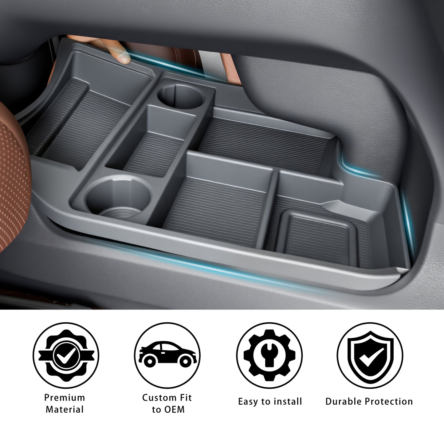 Organizér na středovou konzolu Dolní úložný box s držákem na poháry pro Toyota Sienna 2021-2026 Materiál TPE s originální kresbou dřeva pro interiérové ​​doplňky Sienna, černá