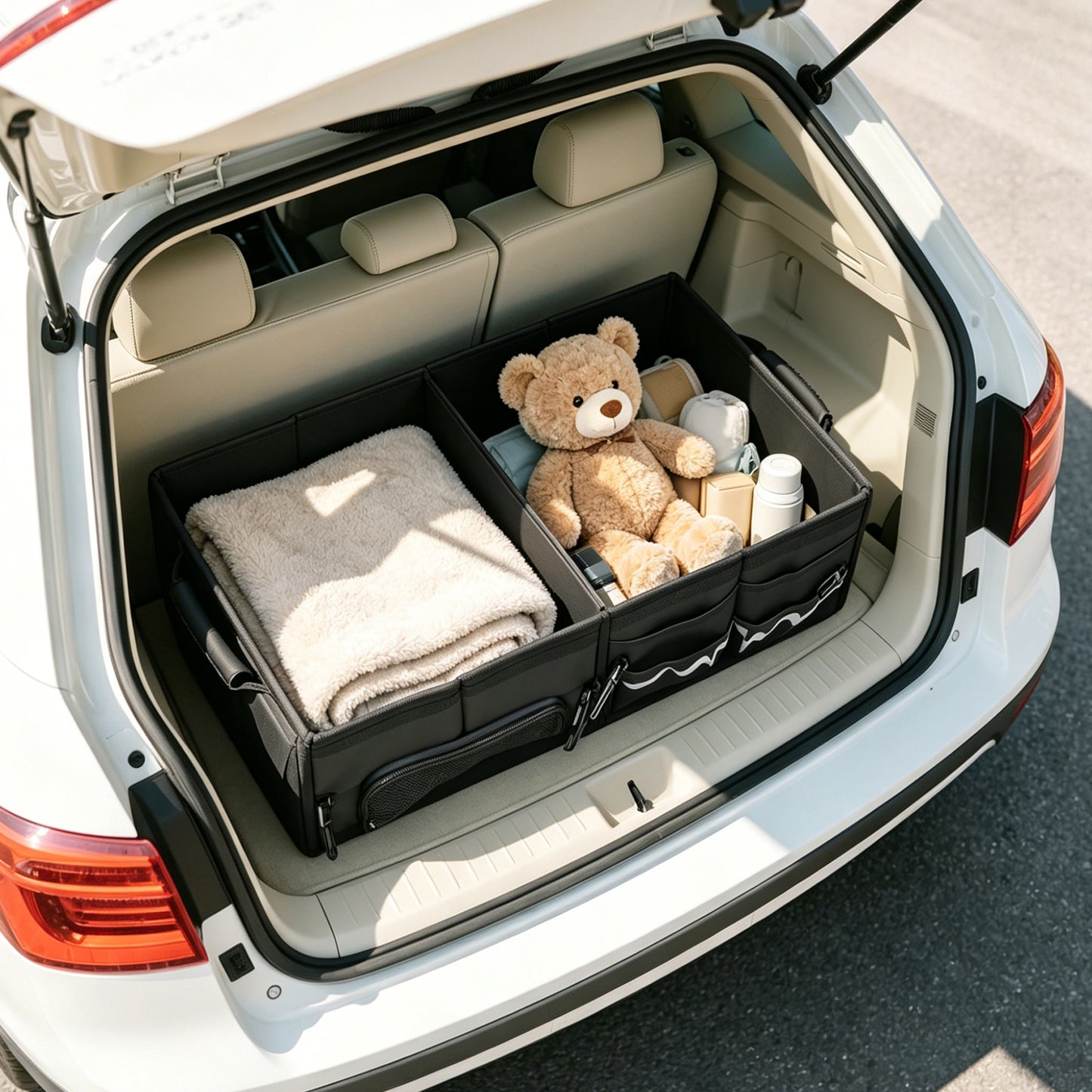 Trunk Organizer Car Organizer Leather Storage Box 2-grid Foldable | For SUVs & Pickup Truck Sedans Sturdy Organization for Car Accessories, Tools Sundries Collapsible and Adjustable 23.6 Inch