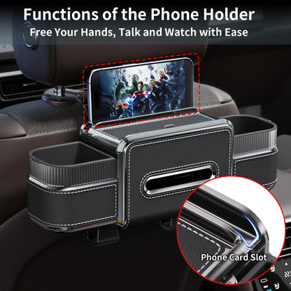 Rear Seat Cup Holder Back Seat Car Organizer 6 in 1 Multifunctional Car Back Seat Storage Box with Drink Cup Holder Tissue Box for Car Phone Holder Snacks Drinks Handbag Makeup Mirror Black