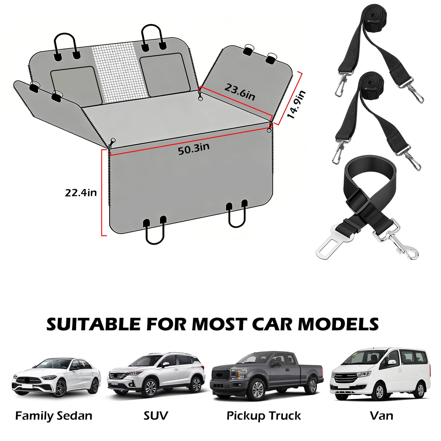 Funda para asiento de coche para perros, hamaca para asiento trasero resistente a desgarros, carga máxima de 195 kg, base rígida, extensor impermeable para mascotas con ventana