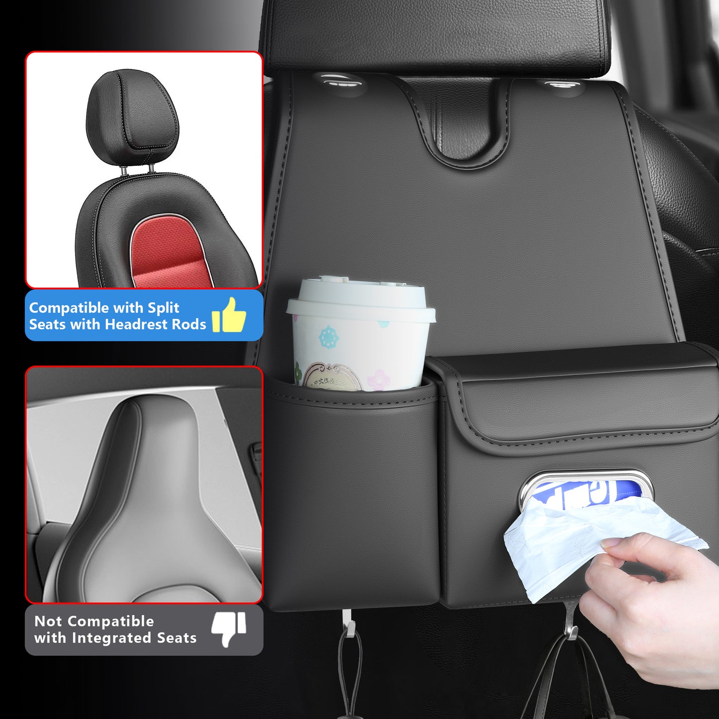 Car Organizer Back Seat, Car Water Cup travel tissue holder Organization Universal car seat back storage sedan SUV compatible vehicle interior accessories Hand-sewn car leather storage bag