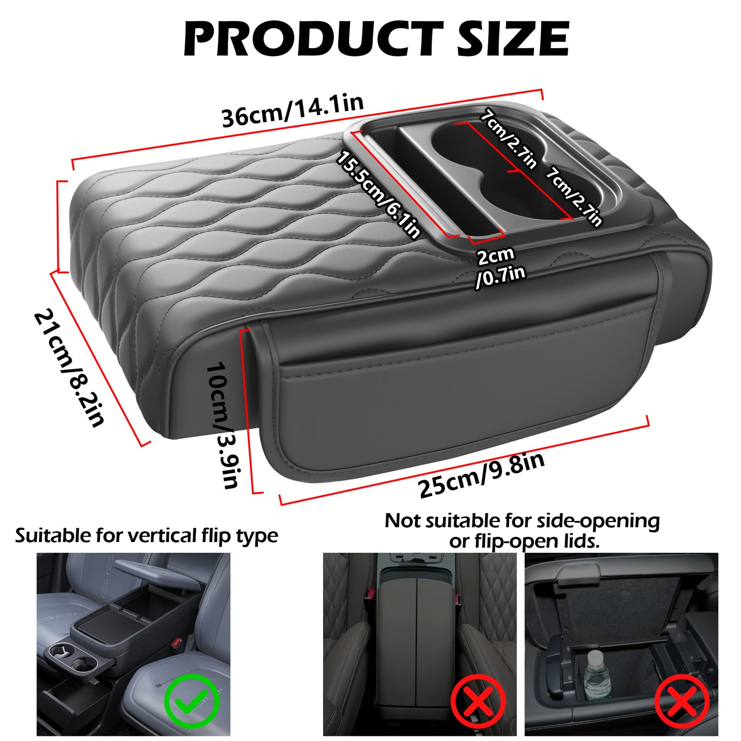Upgraded Heightening Cup Holder Car Center Console Cover, Leather Car Armrest Cover Cushion with 2 Storage Bags,Car Armrest Storage Box Interior Accessories for Most Vehicles