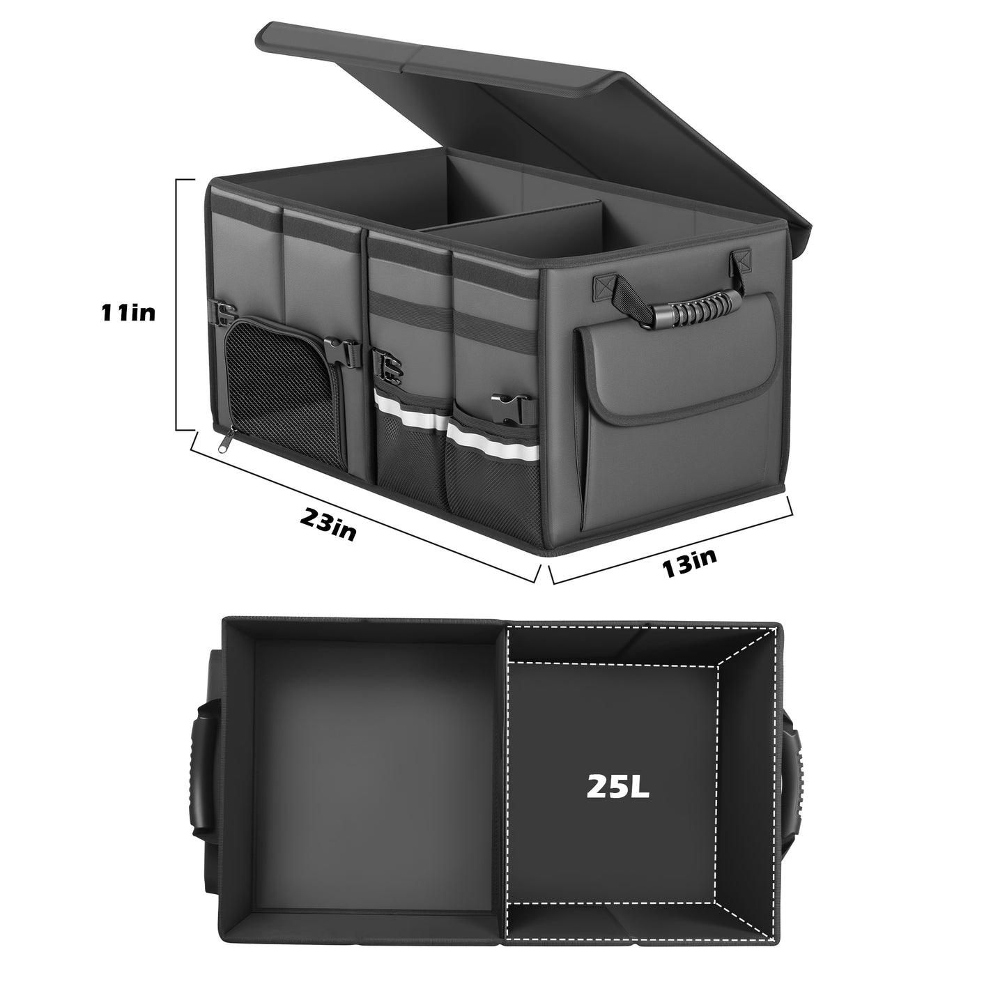 Trunk Organizer Car Organizer Leather Storage Box 2-grid Foldable | For SUVs & Pickup Truck Sedans Sturdy Organization for Car Accessories, Tools Sundries Collapsible and Adjustable 23.6 Inch