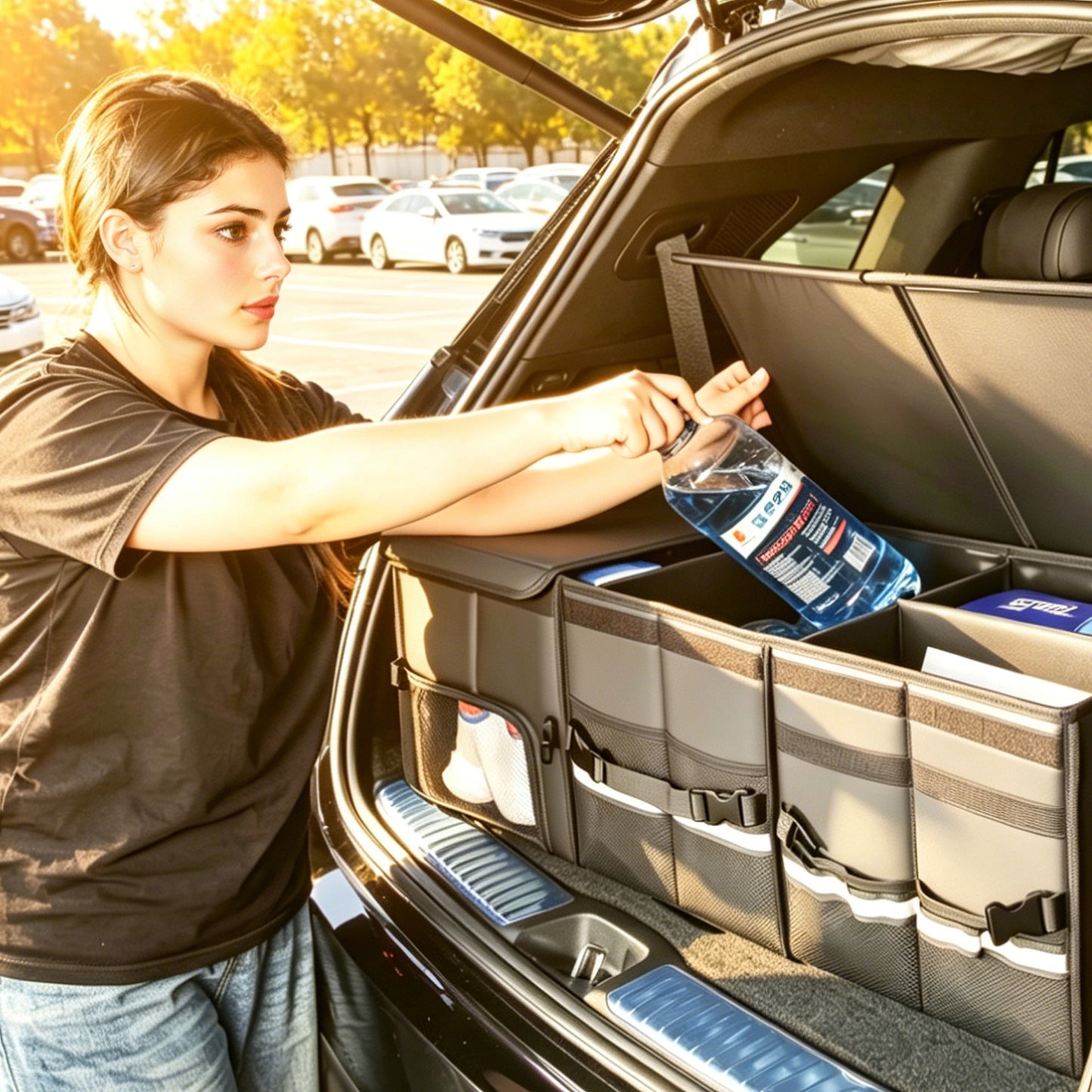Trunk Organizer Car Organizer Leather Storage Box 3-grid Foldable | For SUVs & Pickup Truck Sedans Sturdy Organization for Car Accessories, Tools Sundries Collapsible and Adjustable 35.5 Inch