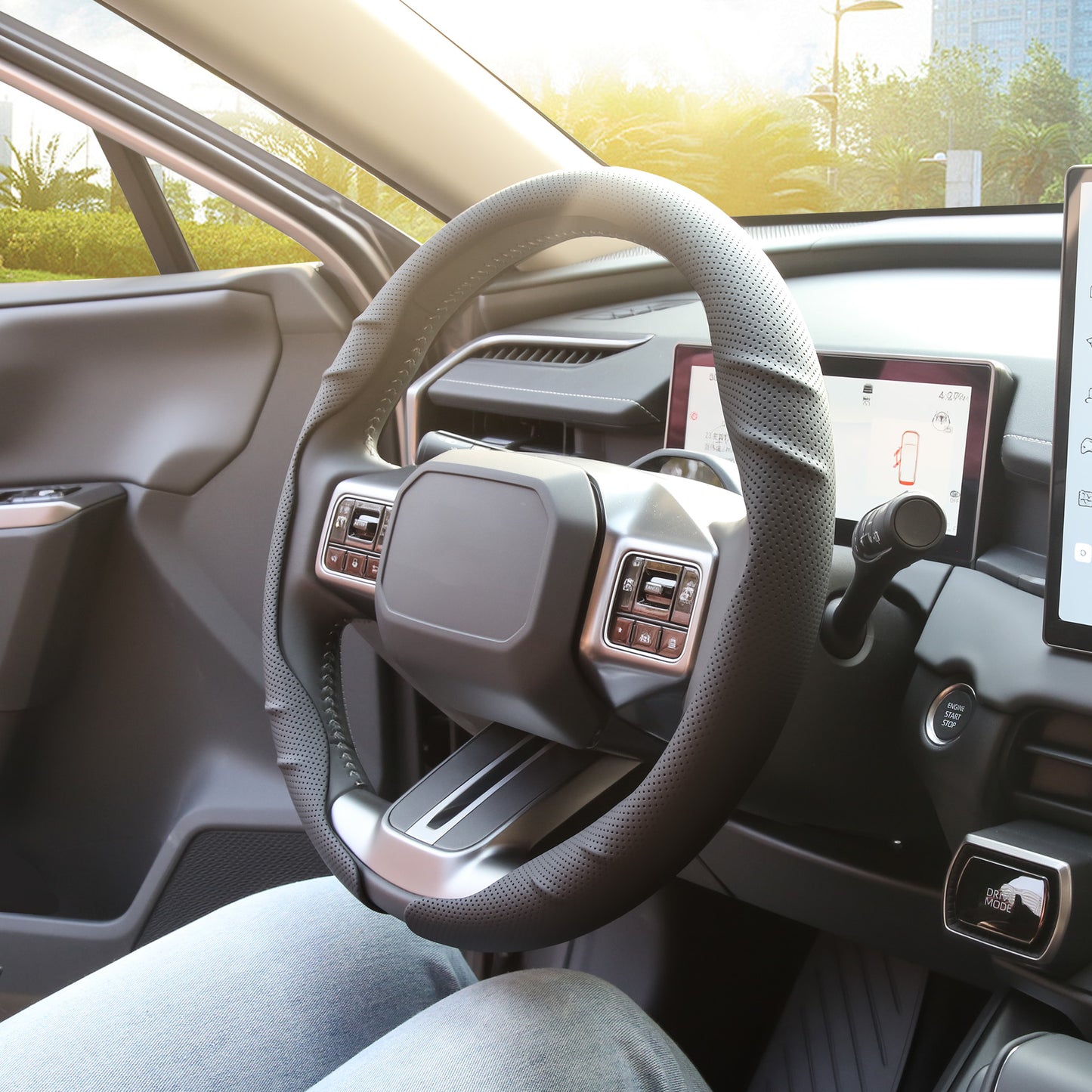 Leather Steering Wheel Cover – 14.5-15 in Universal Black, Perforated Breathable Grip, Anti-Slip Sport Ridge Pattern, Odor-Free Car Interior Upgrade for Cars Trucks SUVs