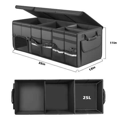 Trunk Organizer Car Organizer Leather Storage Box 3-grid Foldable | For SUVs & Pickup Truck Sedans Sturdy Organization for Car Accessories, Tools Sundries Collapsible and Adjustable 35.5 Inch