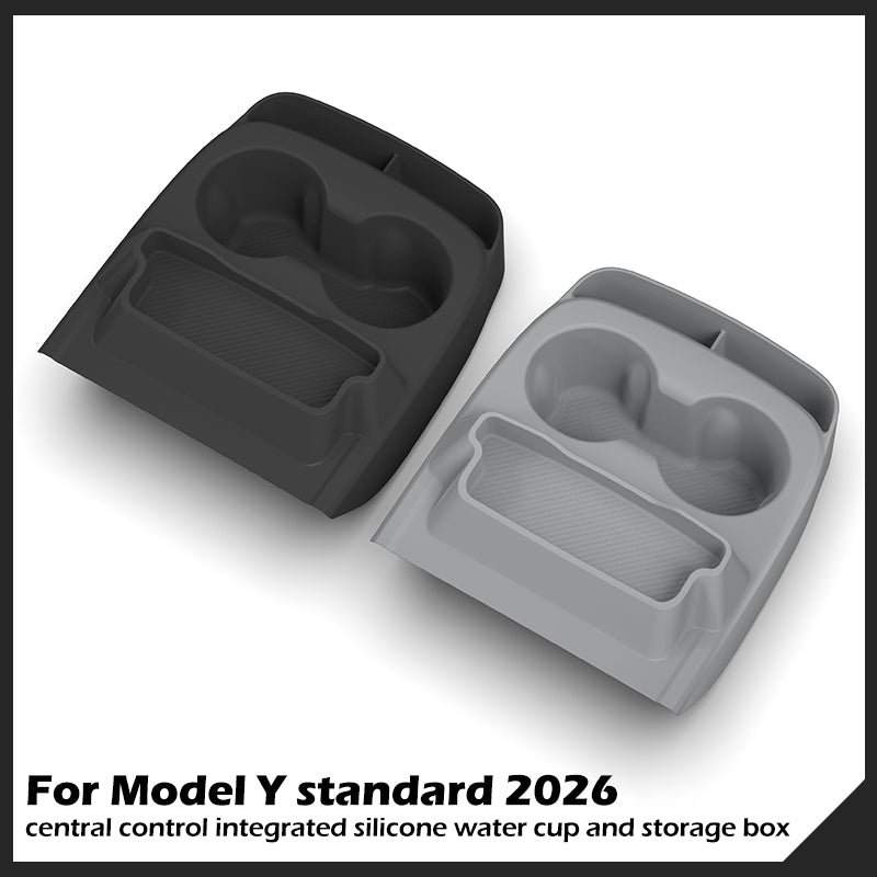 Integrovaný silikonový kelímek na vodu a úložný box centrálního ovládání pro model Y Standard 2026