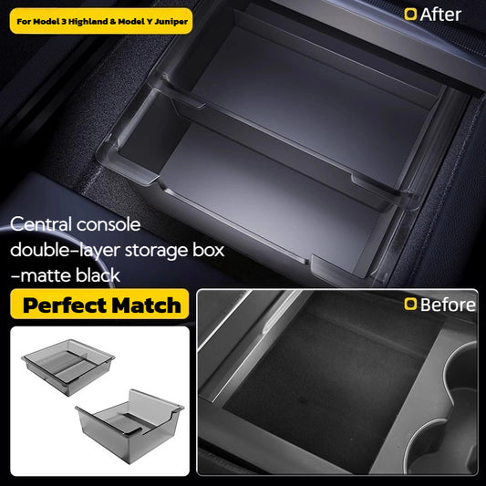 Center Console Double-layer Organizer Storage Box Drawer-style Frosted Material For Tesla Model 3 Highland 2024+ Model Y Juniper 2025+