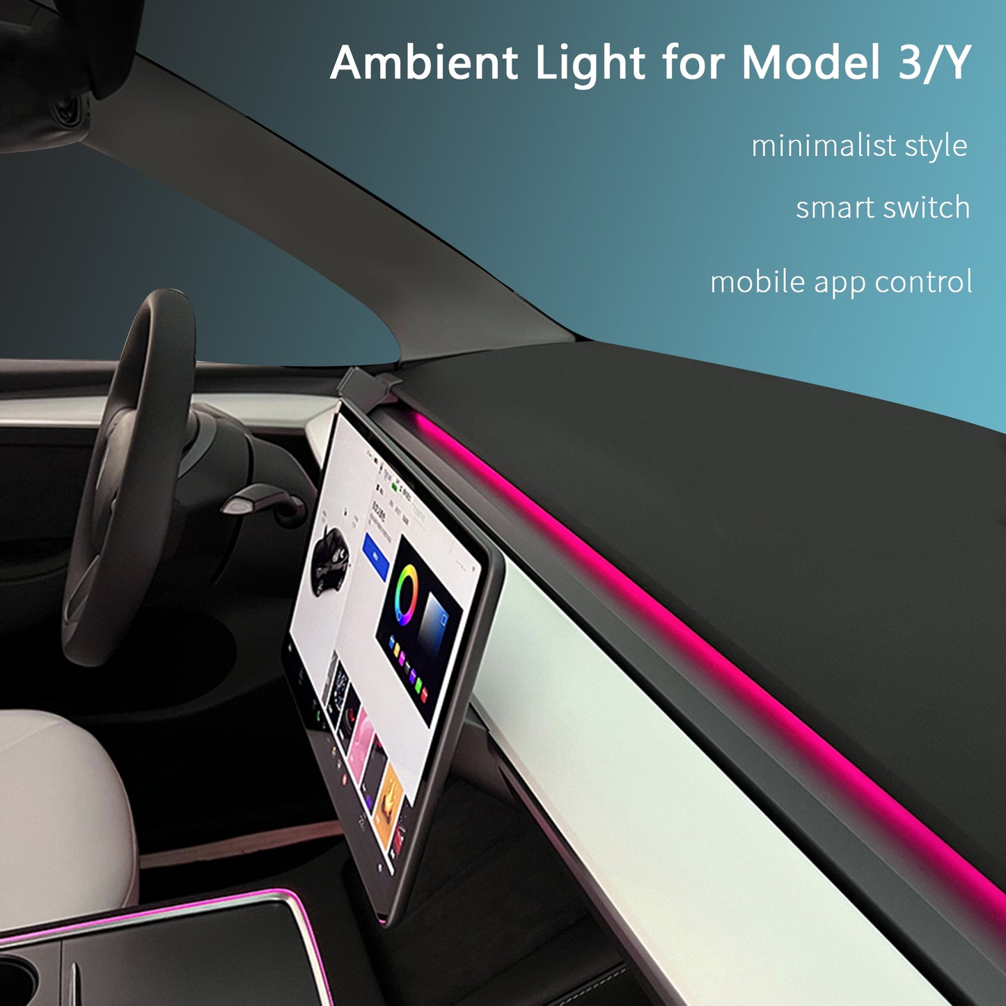 Car Ambient Interior Lighting RGB 128-color LED Strip Lights APP Control for Model 3/Y before Oct. 2023