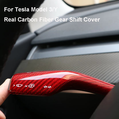 tesla model 3 Y X S car 2022 2023 2021 2020 2019 s3xy arcoche accessories accessory gear shift steering level cover real carbon fiber glossy red aftermarket price standard long range performance sr+ electric car rwd ev interior exterior diy decoration price elon musk must have black white blue 5 7 seats seat