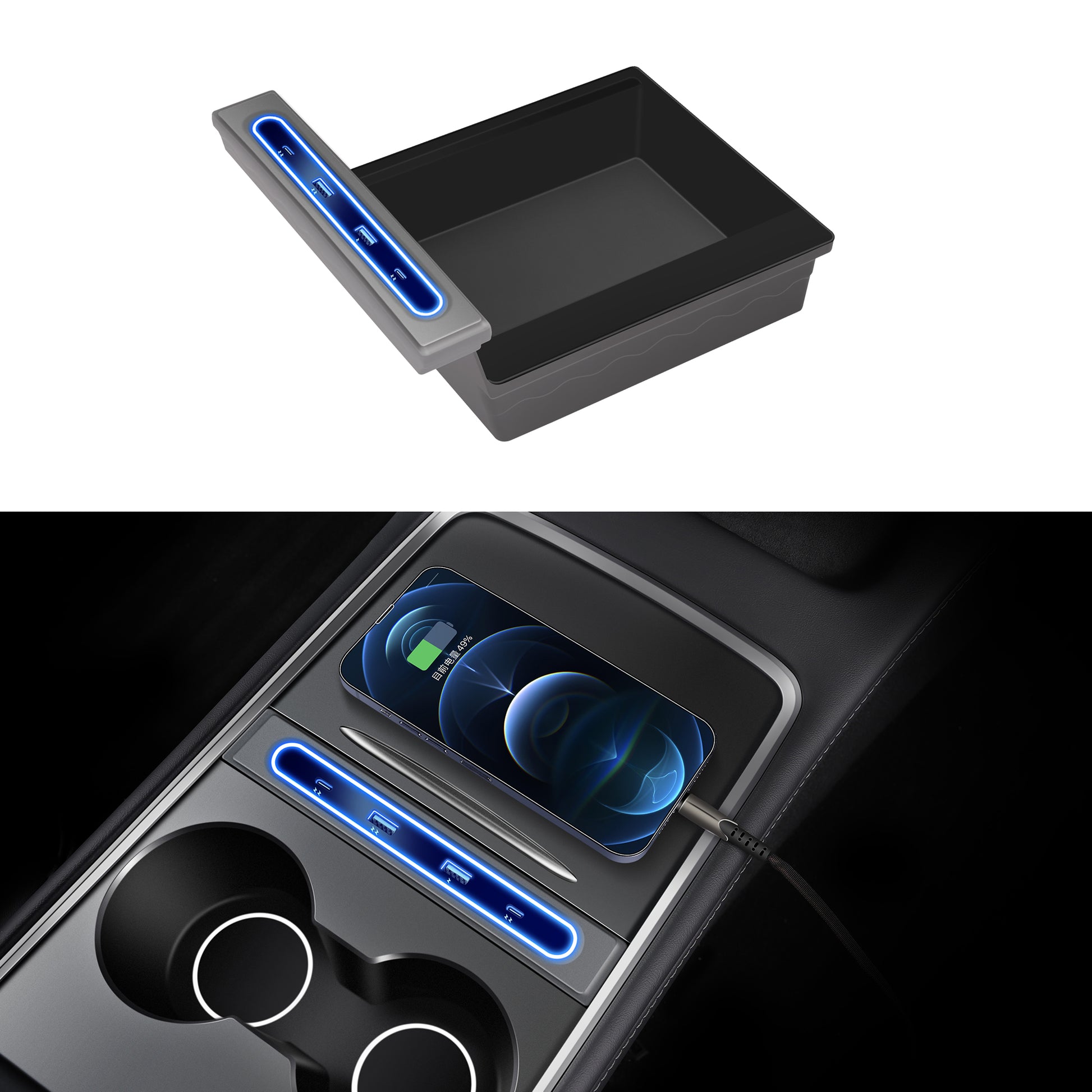 USB Hub with Center Console Organizer Tray for Model Y/3 Support