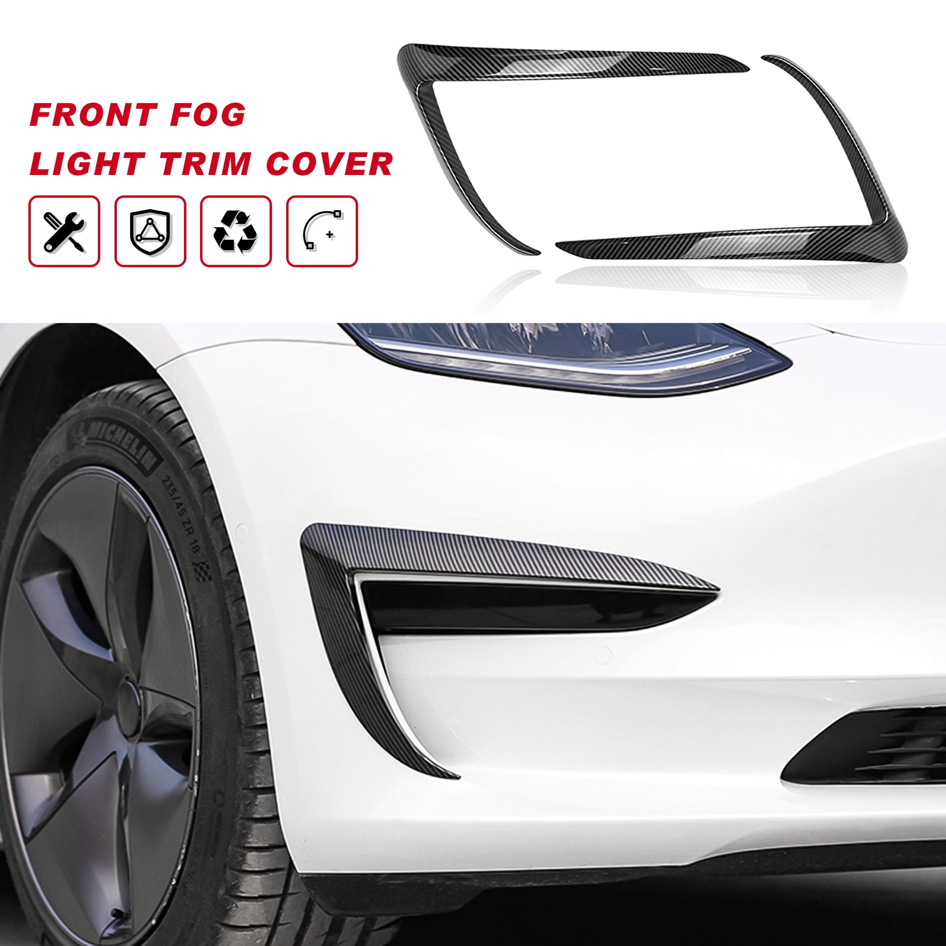 tesla model 3 front fog light trim cover covers lamp frame blade car 2022 2023 2021 2020 2019 2018 s3xy arcoche accessories accessory aftermarket price Vehicles standard long range performance sr+ electric car rwd ev interior exterior diy decoration price elon musk must have black white red blue 5 7 seats seat