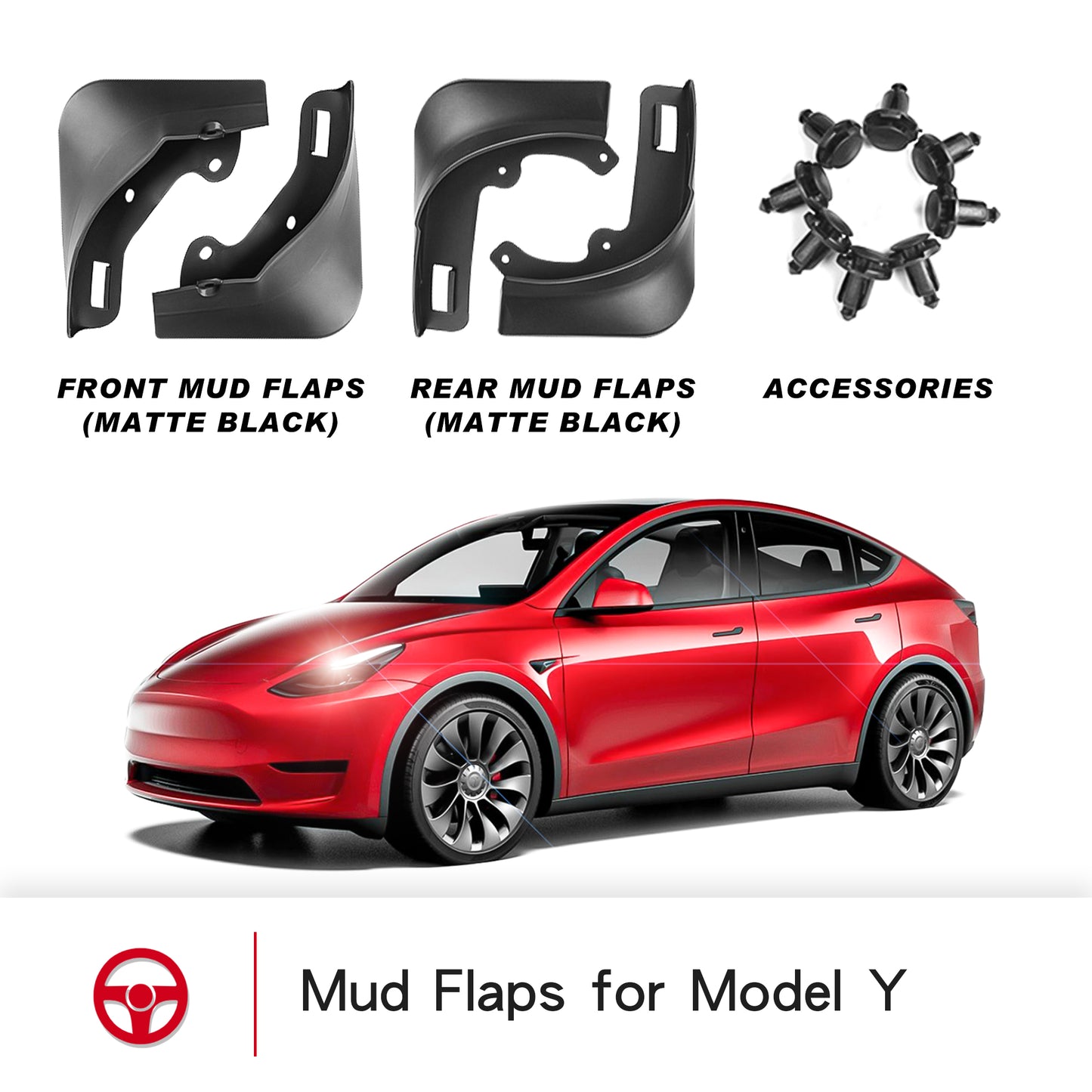 Tesla Model Y : Bavettes, pare-boue (sans perçage, jeu de 4) - Plugear