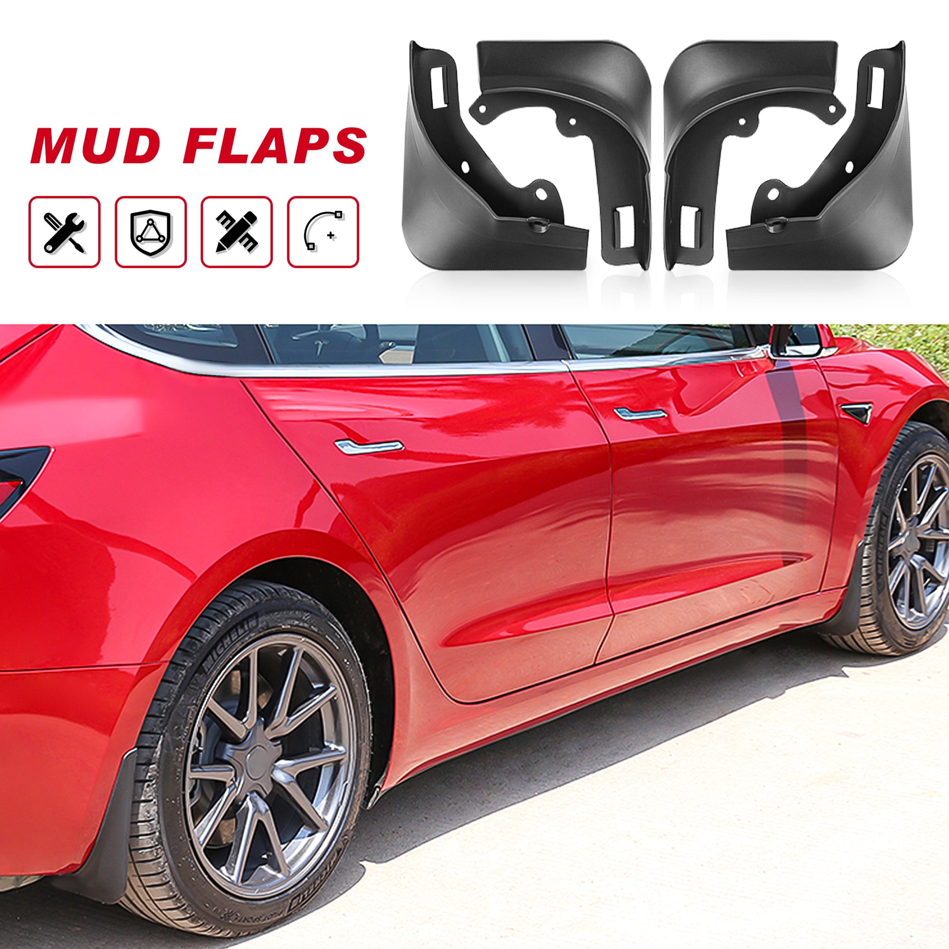 tesla model Y car mud flaps protection flap splash guards fender fenders no drill drilling 2022 2023 2021 2020 2019 2018 s3xy arcoche accessories accessory aftermarket price Vehicles standard long range performance sr+ electric car rwd ev interior exterior diy decoration price elon musk must have black white red blue
