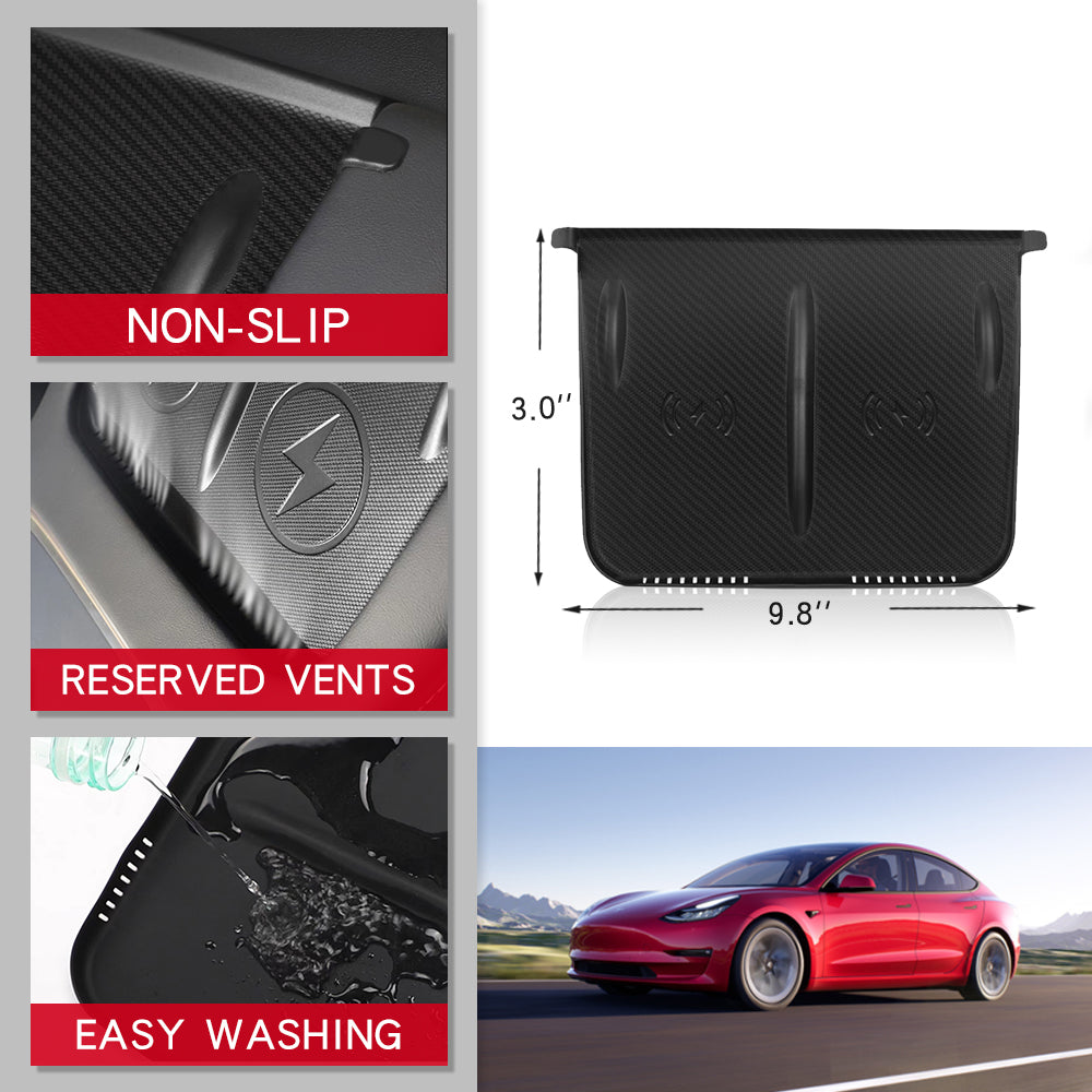 center console wireless charging silicone mat carbon fiber protect prevent dirt tesla model 3 Y car 2022 2023 2021 2020 2019 2018 s3xy arcoche accessories accessory aftermarket price Vehicles standard long range performance sr+ electric car rwd ev interior exterior diy decoration price elon musk must have