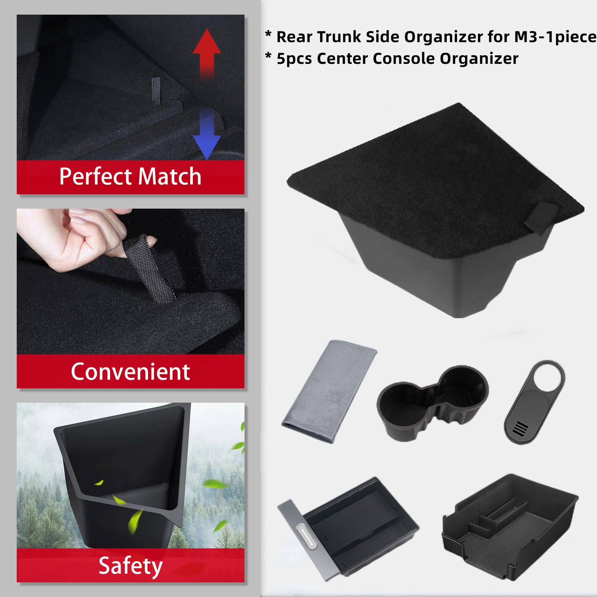 Tesla Model Y Rear Trunk Side Organizer Sorting Bins and Central Control Storage Box 5-Piece Set can be inserted directly into the groove without tools. They can also be easily removed for cleaning or accessOriginal car standard diy design.