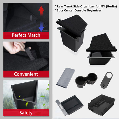 Tesla Model Y Rear Trunk Side Organizer Sorting Bins and Central Control Storage Box 5-Piece Set can be inserted directly into the groove without tools. They can also be easily removed for cleaning or accessOriginal car standard diy design.