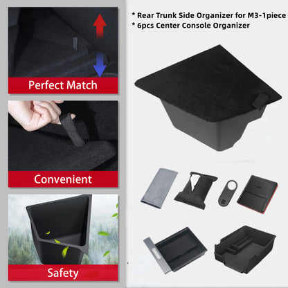 Tesla Model Y Rear Trunk Side Organizer Sorting Bins and Central Control Storage Box 6-Piece Set can be inserted directly into the groove without tools. They can also be easily removed for cleaning or accessOriginal car standard diy design.