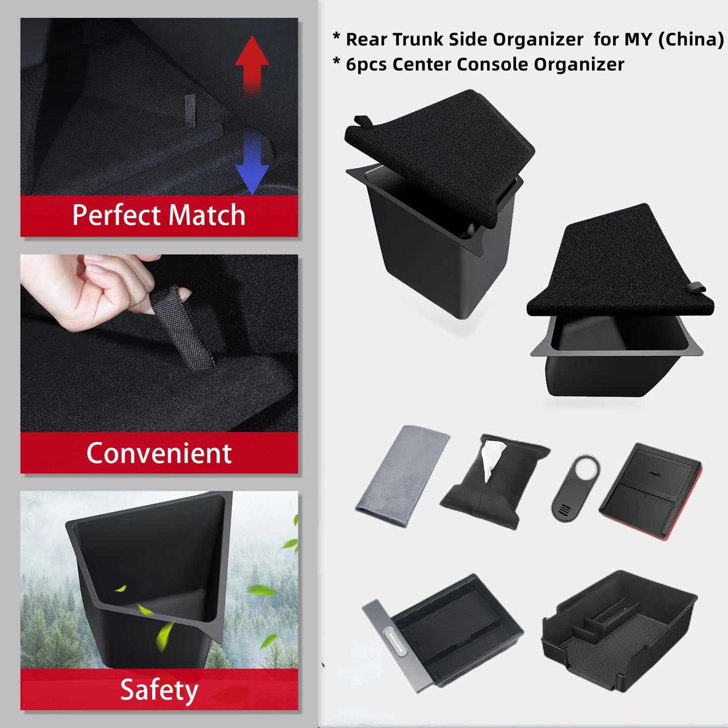 Tesla Model Y Rear Trunk Side Organizer Sorting Bins and Central Control Storage Box 6-Piece Set can be inserted directly into the groove without tools. They can also be easily removed for cleaning or accessOriginal car standard diy design.